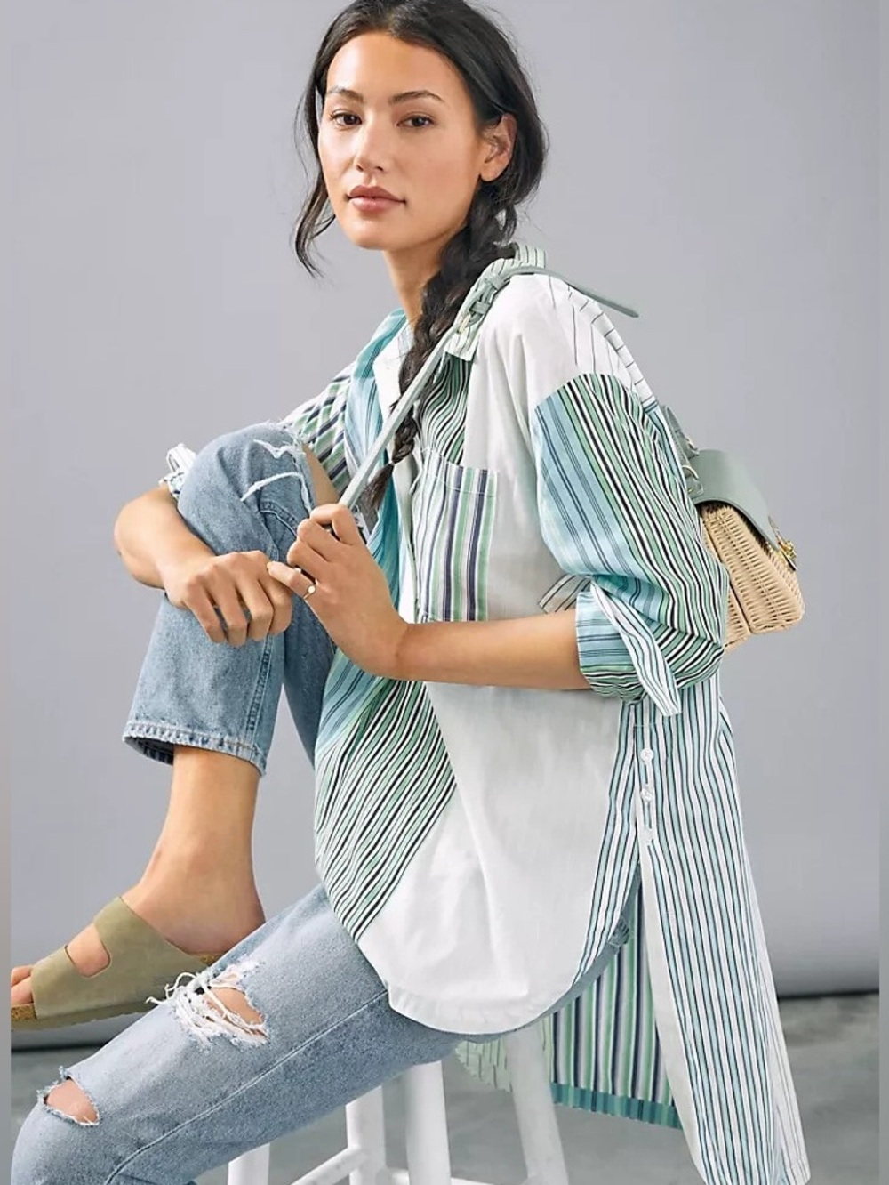 Anthropologie Maeve Alix Henley Blouse Blue Green Stripe Patchwork Size XS NWT